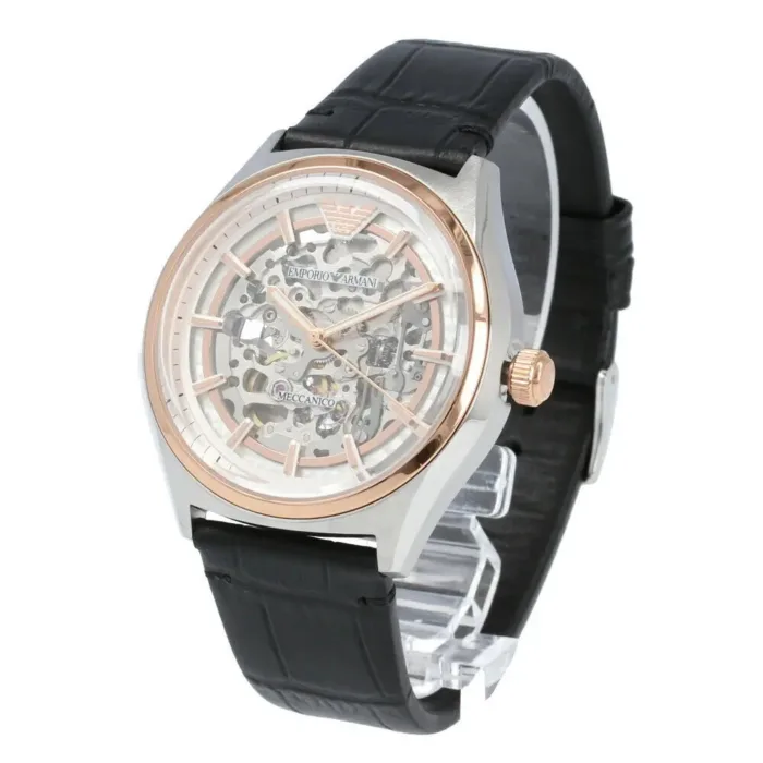 Emporio Armani Zeta Skeleton Automatic Silver Dial Black Leather Strap Watch For Men - AR60018 - Image 2